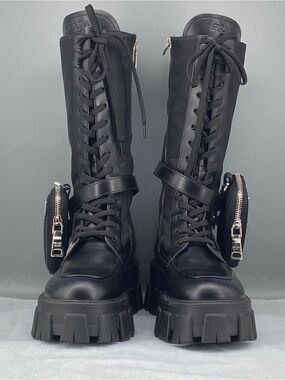 Prada Black Leather Nylon Lace-Up Combat Boots with Removable Zipper Pouches